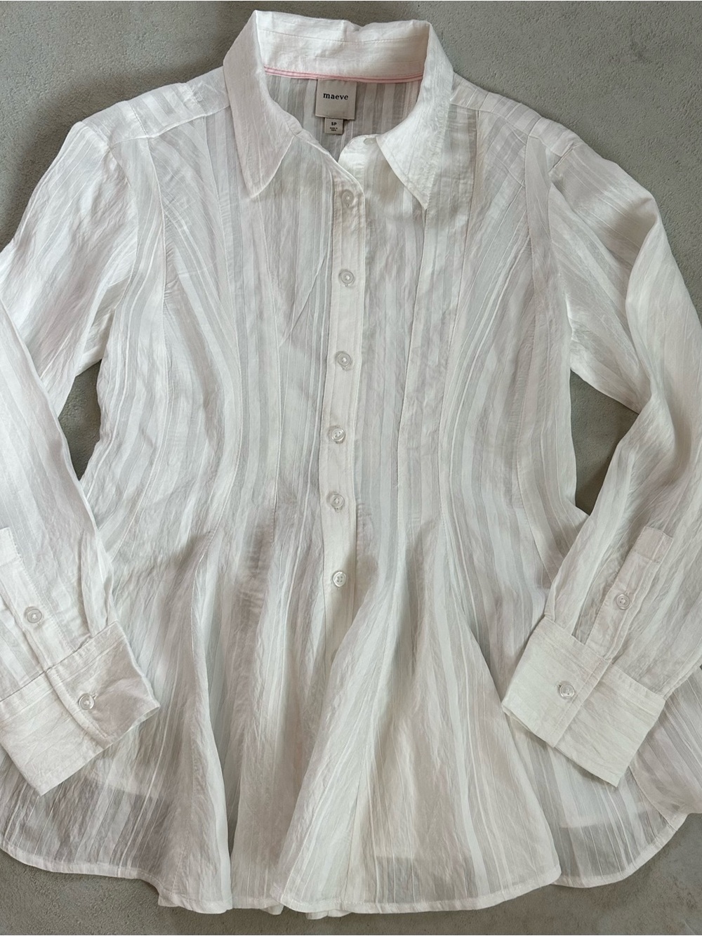 Maeve Off-White Semi-Sheer Striped Pattern Button-Up Shirt